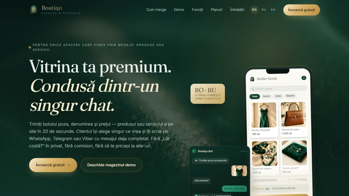 Prima pagină boutiqo.app: „Vitrina ta premium. Condusă dintr-un singur chat.”, cu un magazin pe telefon