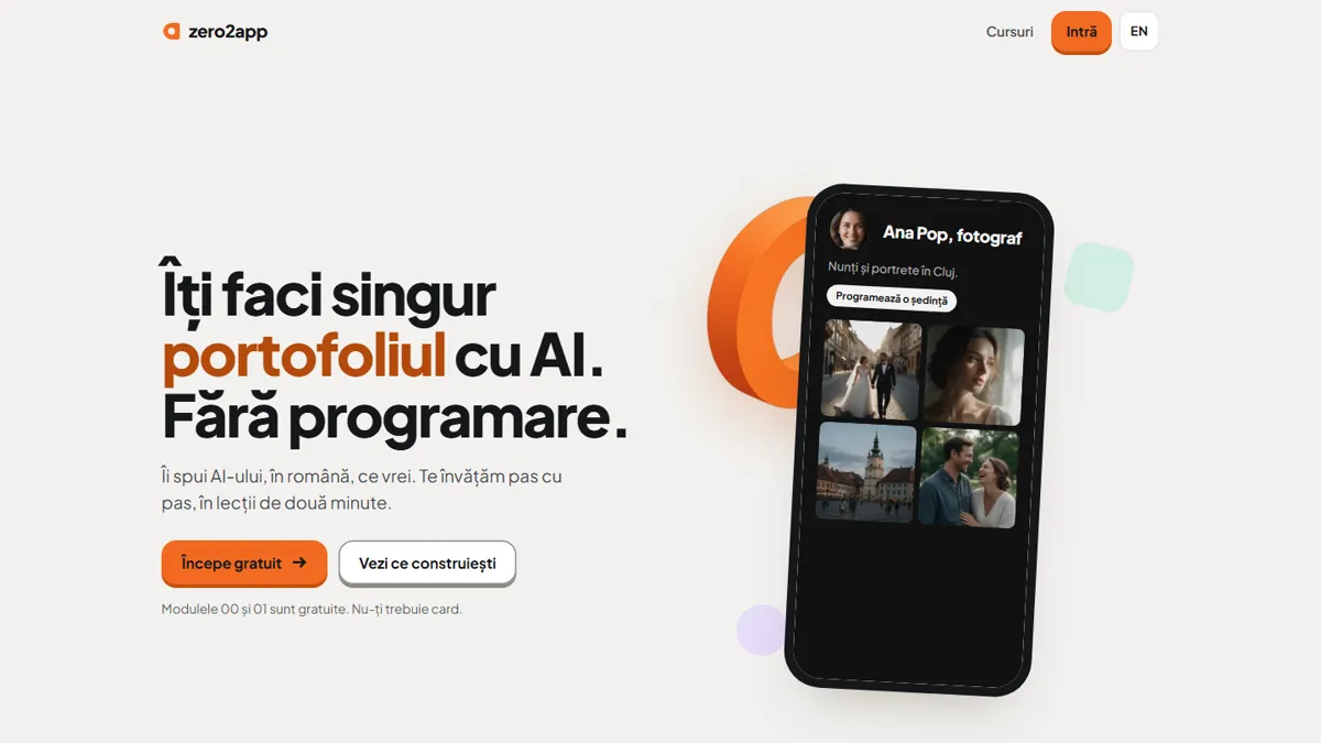 Prima pagină zero2app.com: „Îți faci singur portofoliul cu AI. Fără programare.”